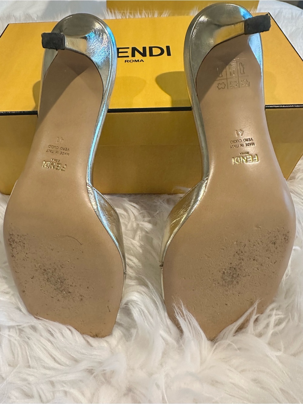 Fendi Ffold Gold Metallic Logo Slide Heels - Picture 9 of 10